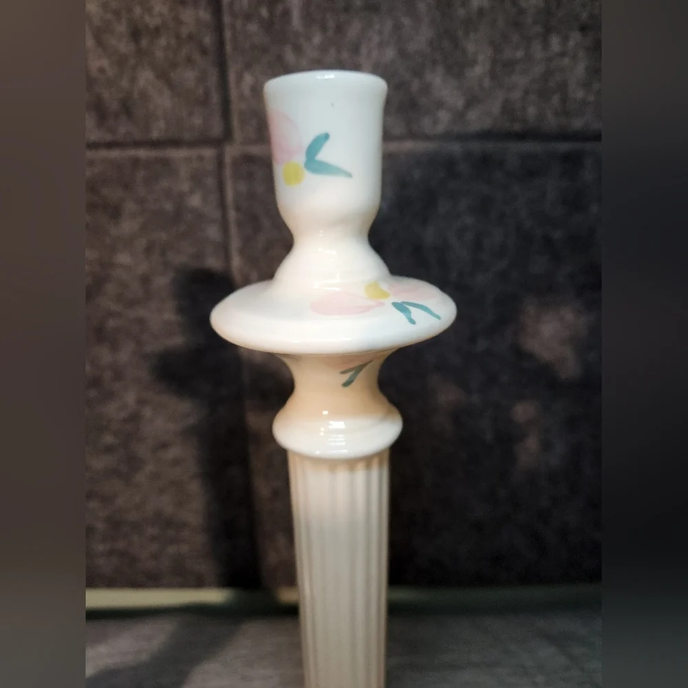 Signed Hand-Painted Ceramic Candlesticks Pink Green Flowers Lattice Design 12